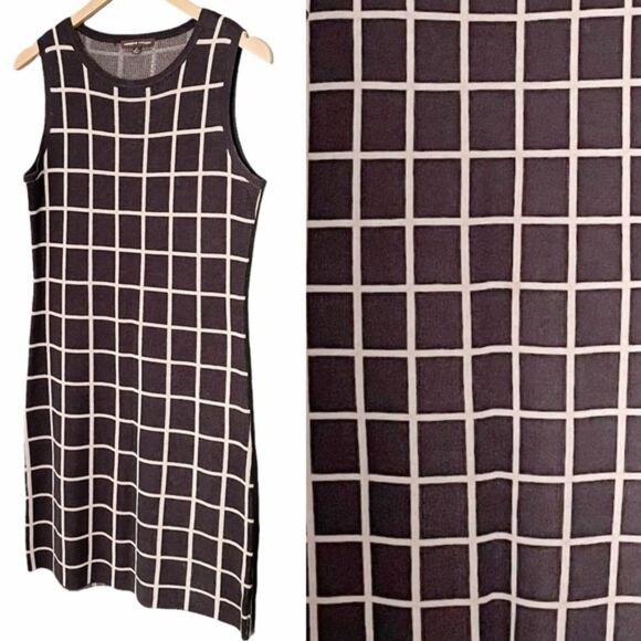 Adrienne Vittadini Sweater Knit Dress Gray Cream Windowpane Plaid Size Medium - Picture 11 of 11